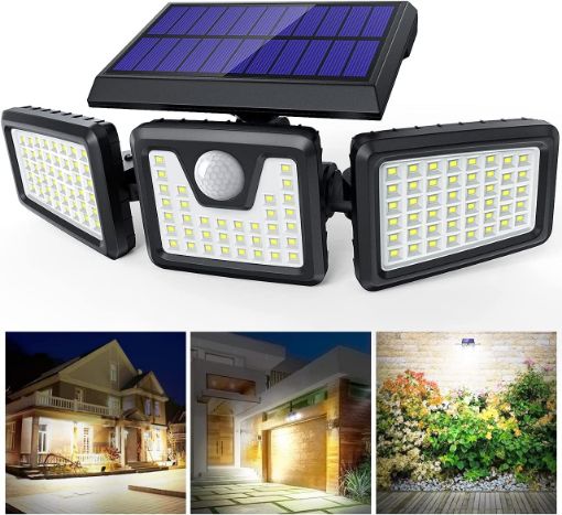 Picture of 3 Head Solar Powered Motion Sensor Outdoor Wall Light | Upgraded 128 LED Solar Motion Sensor Security Light