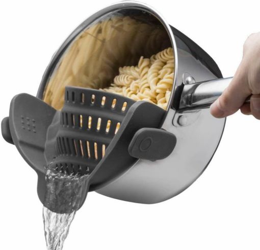 Picture of Kitchen Snap N' Strain - Silicone Clip-On Colander, Heat Resistant Drainer for Vegetables and Pasta Noodles, Pots, And Pans - Grey