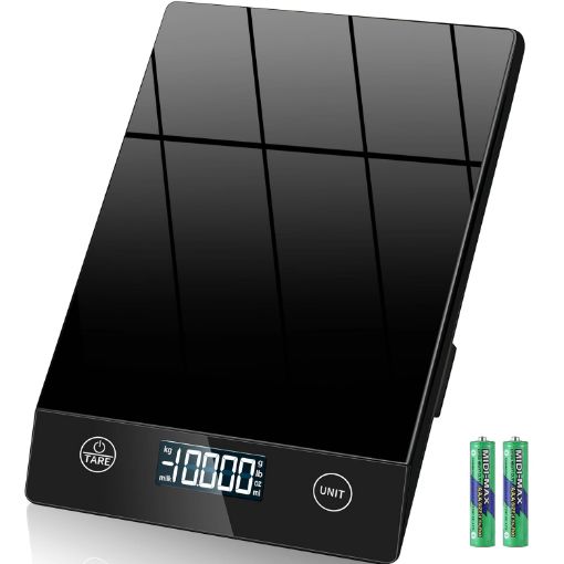 Picture of 10kg Stylish Glass Digital Kitchen Scale with Touch Button Operation, High Accuracy, Black (Batteries Included)