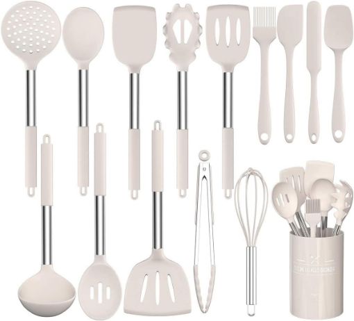 Picture of Kitchen Utensil Set, 15pcs Silicone Cooking Kitchen Utensils Set, Cooking Tools Turner Tongs Spatula Spoon for Nonstick Heat Resistant Cookware - (Khaki)