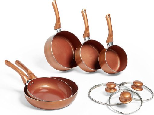 Picture of Pots & Pans Set, 5 Piece Induction Safe, Non-Stick Saucepan & Frying Pan Set, Easy Clean Copper Pots & Pans Set with Glass Lids