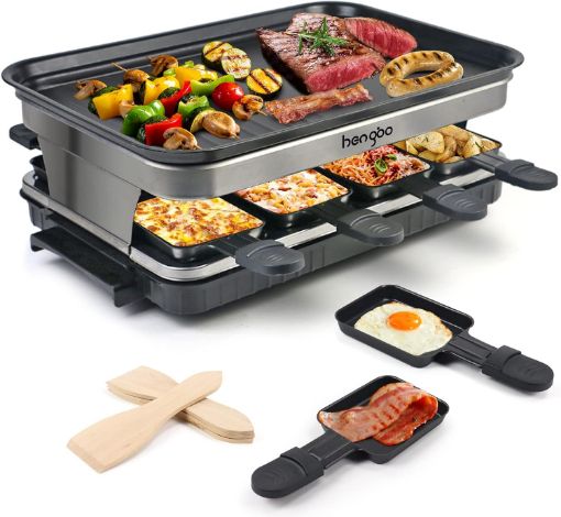 Picture of Raclette Grill 8 Person Indoor Grill Machine 8 Mini Non Stick Pan for Raclette Cheese Dishes Cooking Party Kitchen Cooker